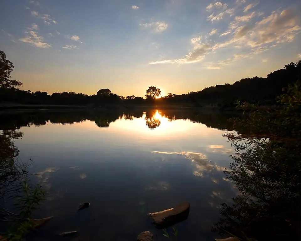 A lone tree stands silhouetted against a golden sunset sky, reflected in the calm lake water.