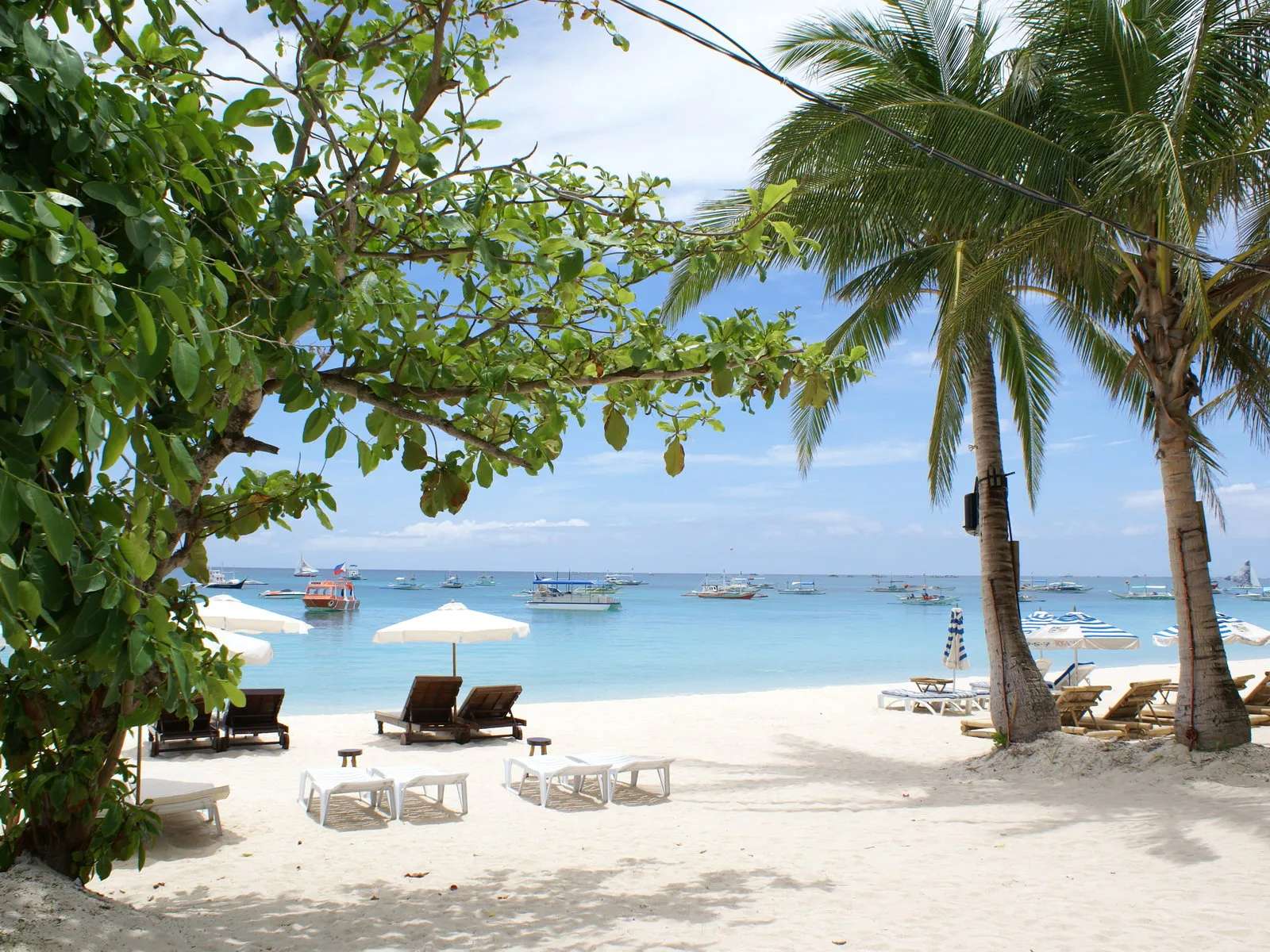 Lounge chairs and white umbrellas are set up on a pristine white sand beach with palm trees and numerous boats in the calm ocean.
