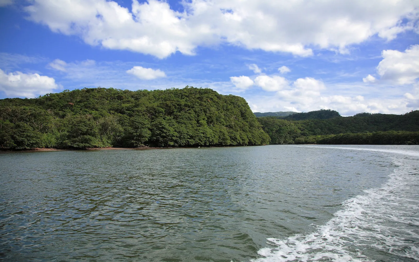 A wide river flows past lush green hills under a blue sky with white clouds.