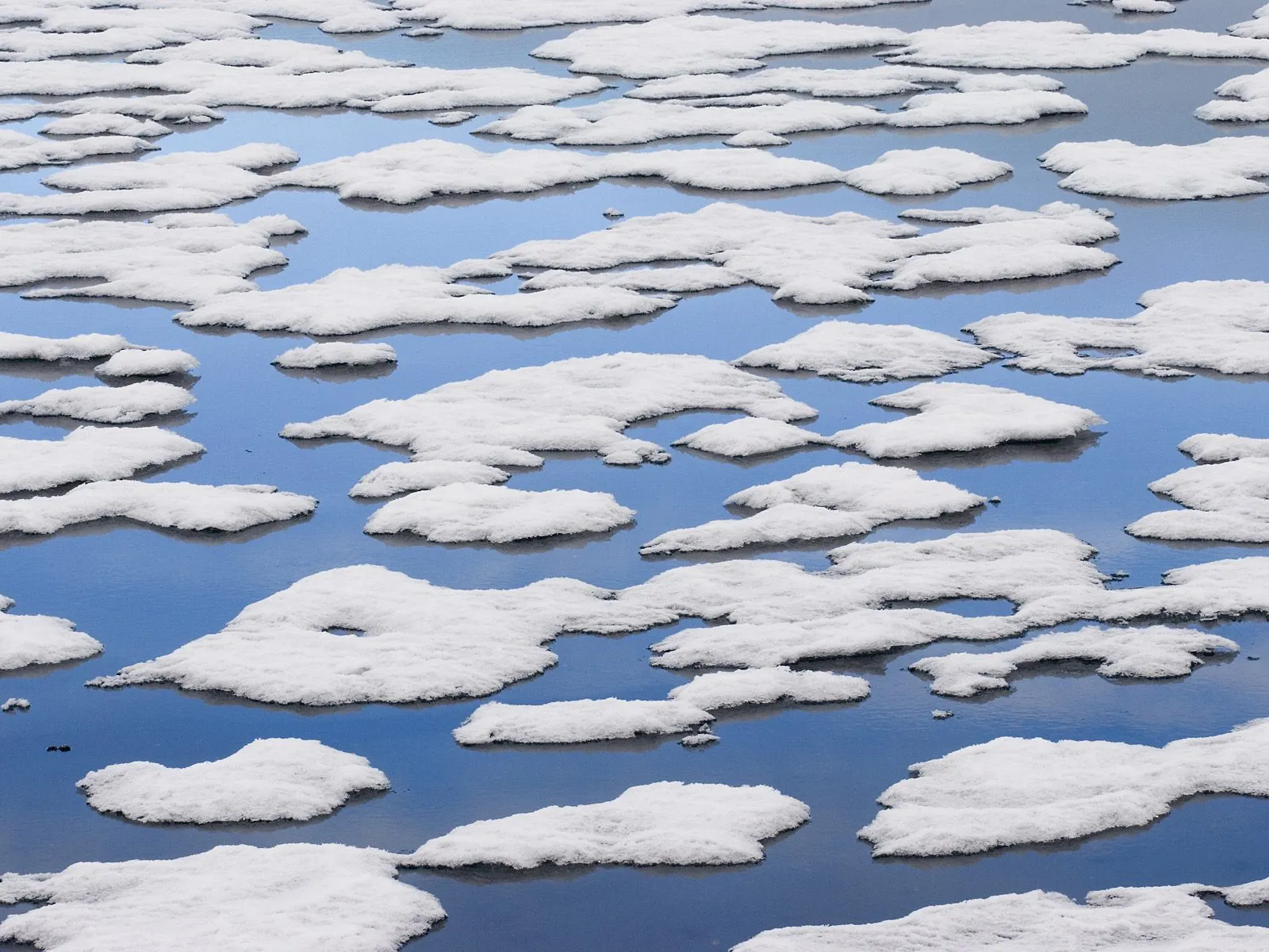 Abstract pattern of white snow patches floating on a smooth, blue reflective surface.