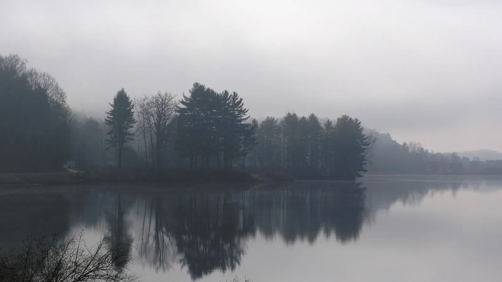 A serene lake with a dense forest reflected in its still waters under a foggy sky.