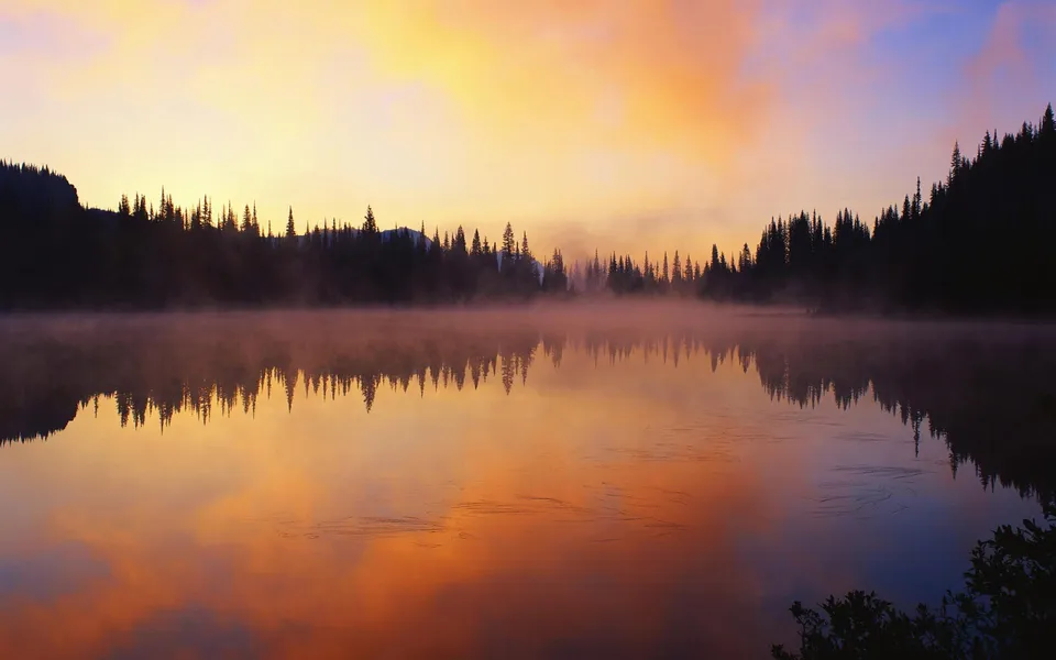 A misty lake reflects a colorful sunrise sky with silhouetted pine trees along the shore.