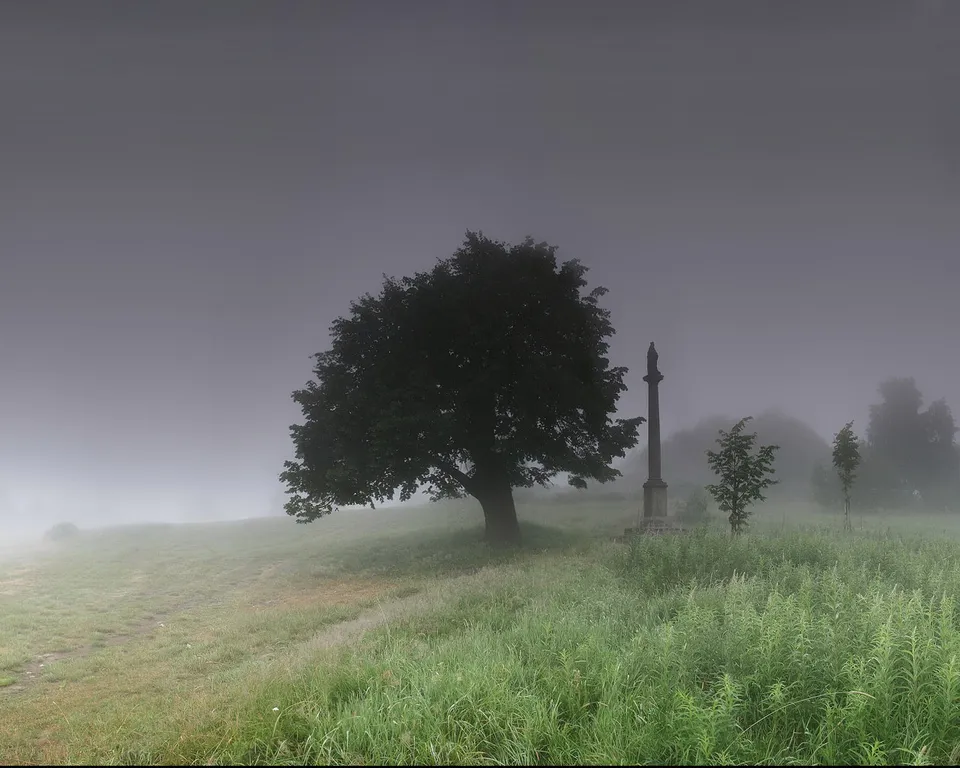 A solitary tree and a stone monument stand in a misty, grassy field under a dark sky.