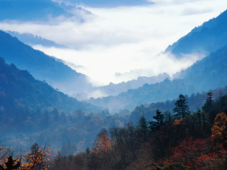 A misty valley between blue mountains, with hints of autumn foliage in the foreground.