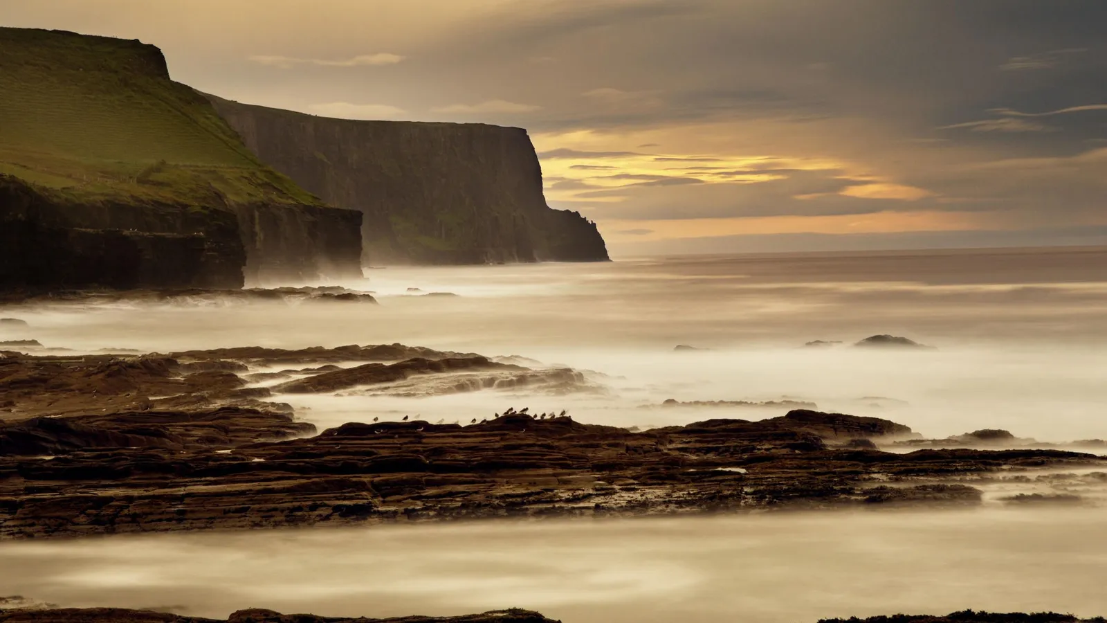 A misty sunrise over a rocky coastline with dramatic cliffs and the ocean shrouded in fog.