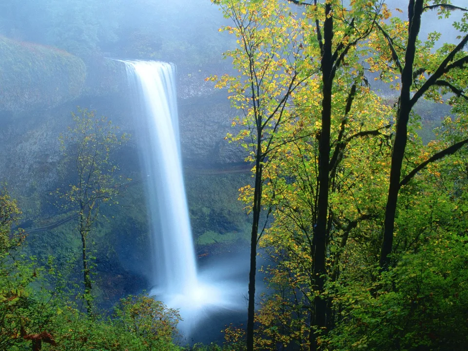 A tall, misty waterfall plunges into a pool, framed by trees with autumn foliage.