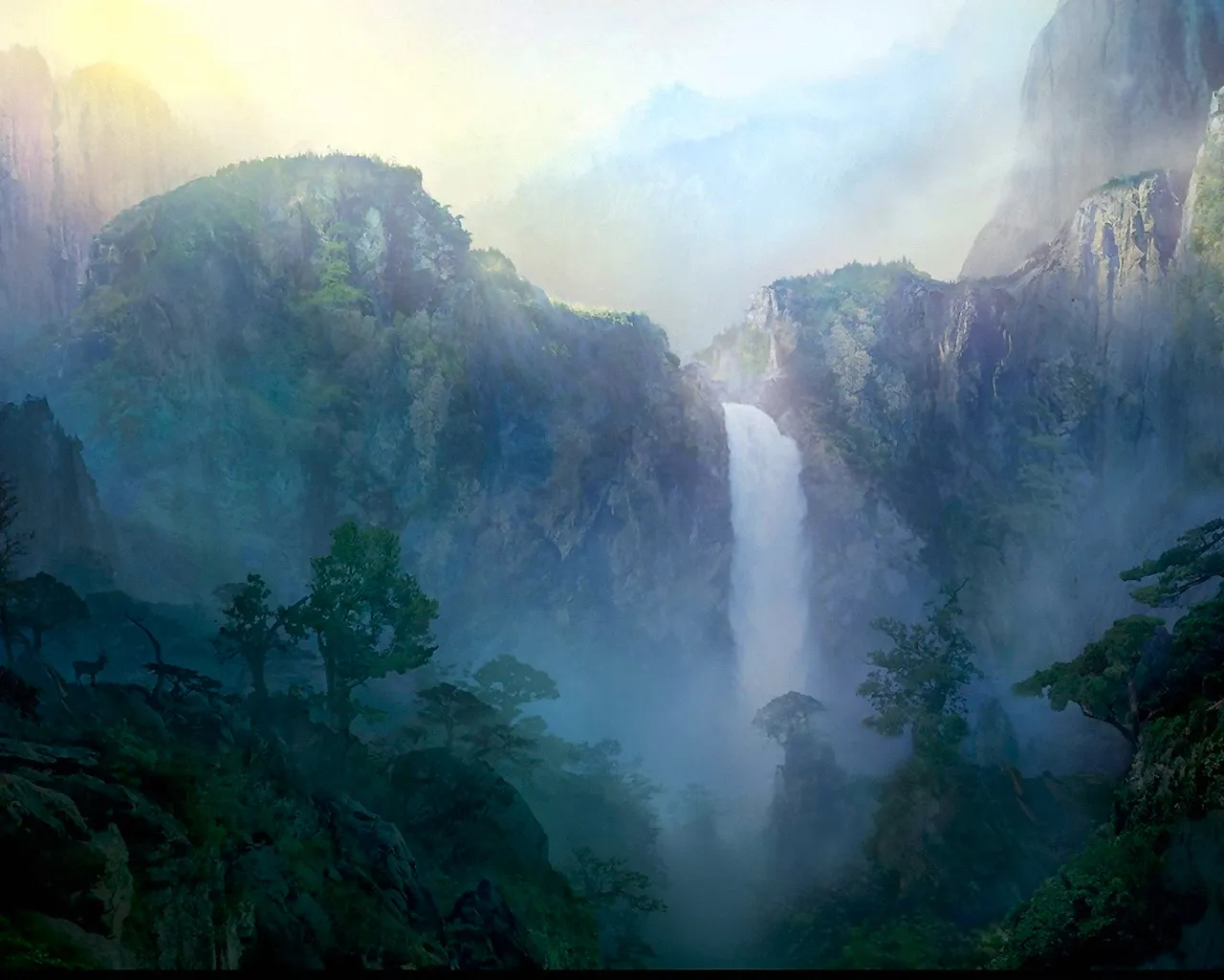 A tall waterfall plunges down a rocky cliff face, surrounded by misty mountains and lush greenery.