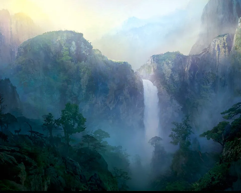 A tall waterfall plunges down a rocky cliff face, surrounded by misty mountains and lush greenery.