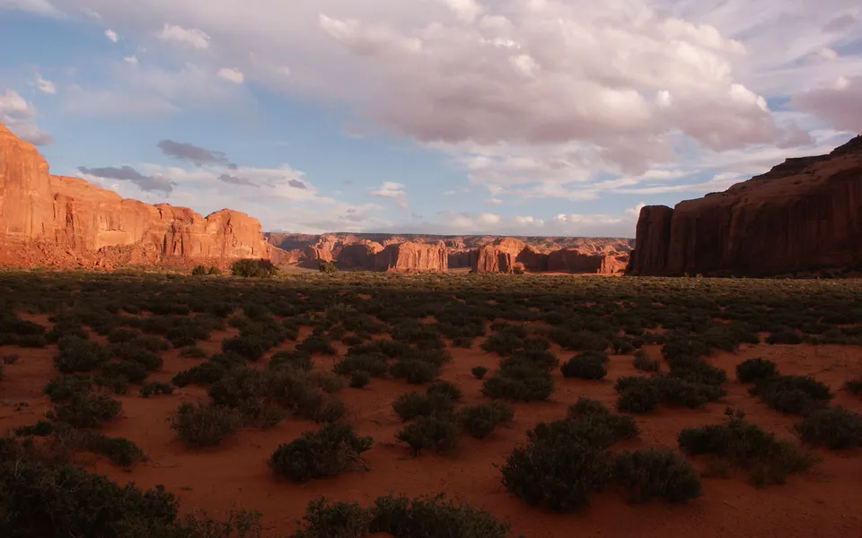 Monument Valley mesas and buttes under a cloudy sky with sparse desert vegetation in the foreground.
