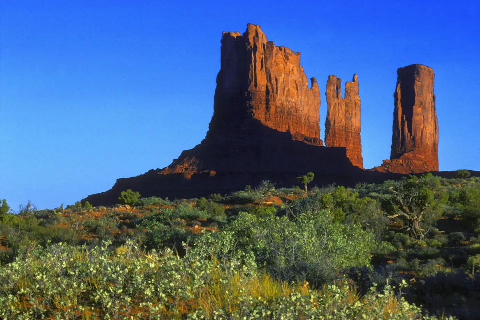 Towering red rock formations stand against a vibrant blue sky, with desert scrub in the foreground.