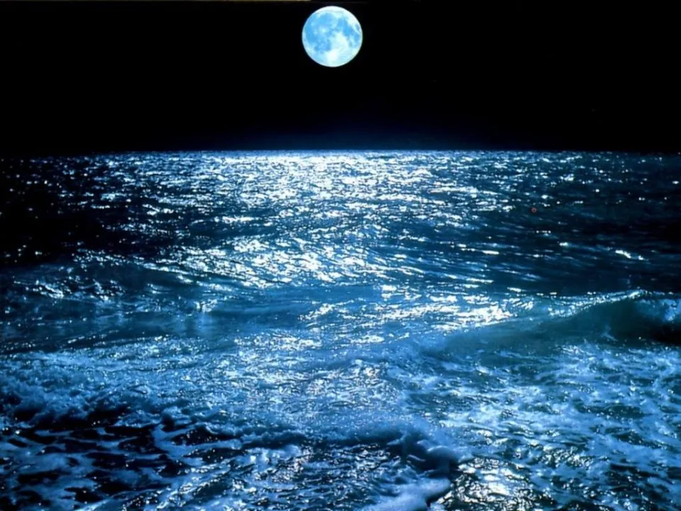 A full moon shines brightly over a dark ocean, casting a shimmering path on the choppy waves.