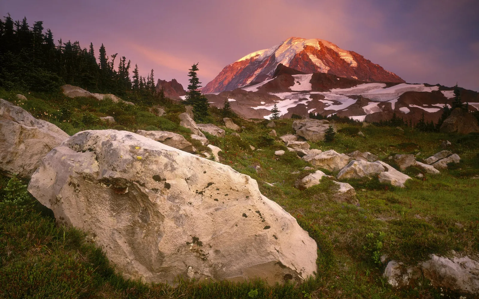A majestic snow-capped mountain is bathed in the warm glow of sunrise, with a rocky, green foreground.