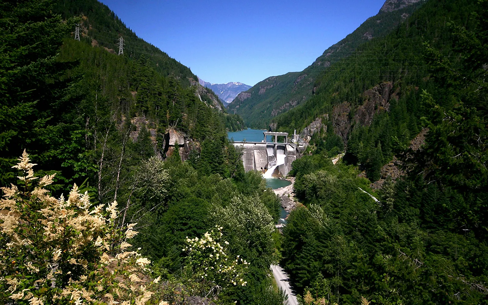 A wide shot of a concrete dam holding back a turquoise mountain lake, surrounded by lush green forests.