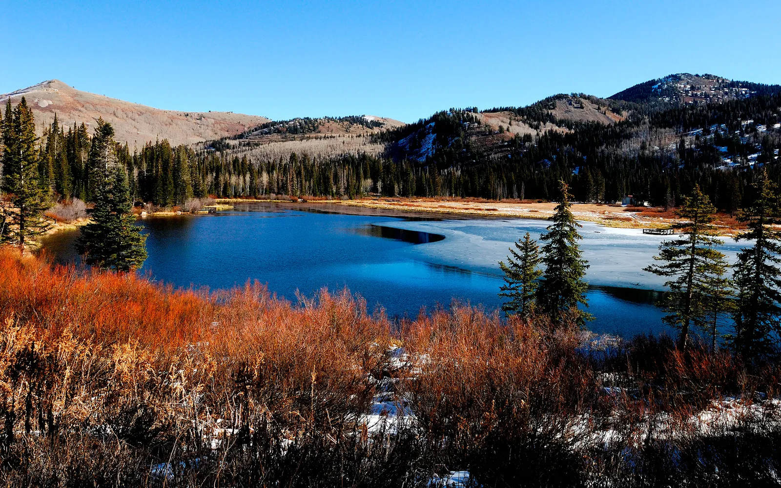 A partially frozen mountain lake surrounded by pine trees and autumn foliage under a clear blue sky.