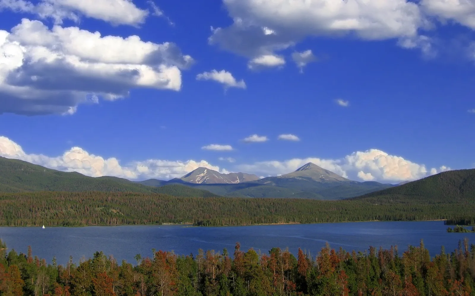 A wide blue lake is surrounded by green forested mountains under a bright blue sky with white clouds.