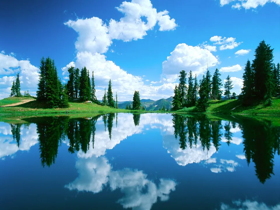 A mountain lake reflects a vibrant blue sky with fluffy white clouds and evergreen trees.