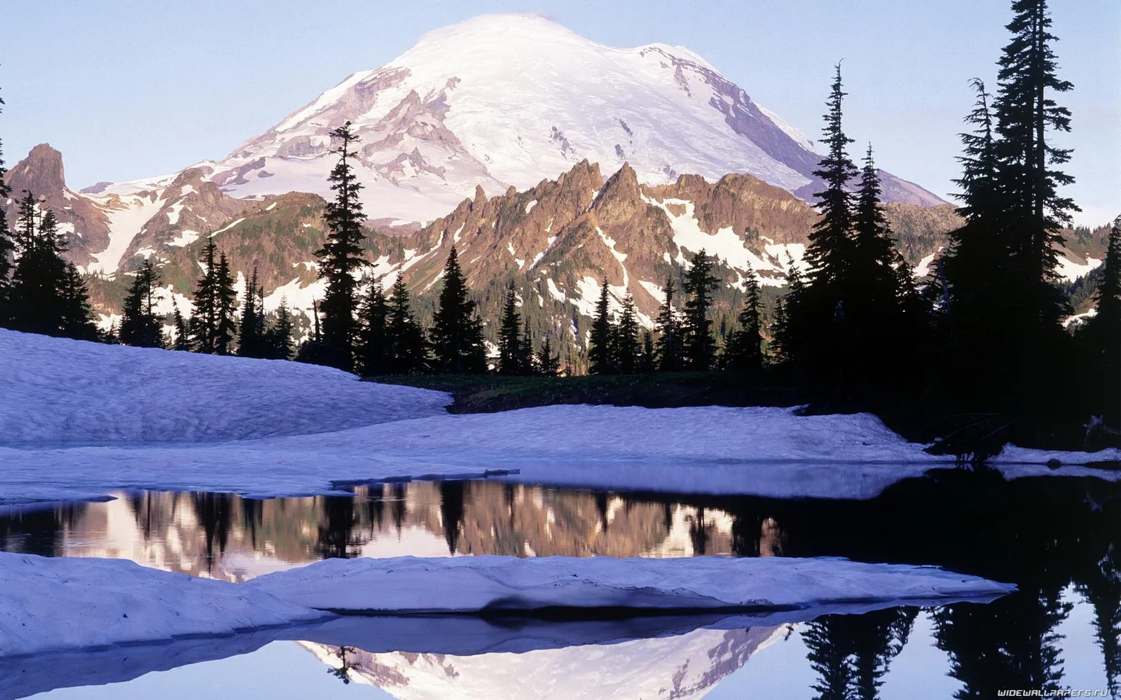 A snow-capped mountain is reflected in a calm lake, with pine trees in the foreground.