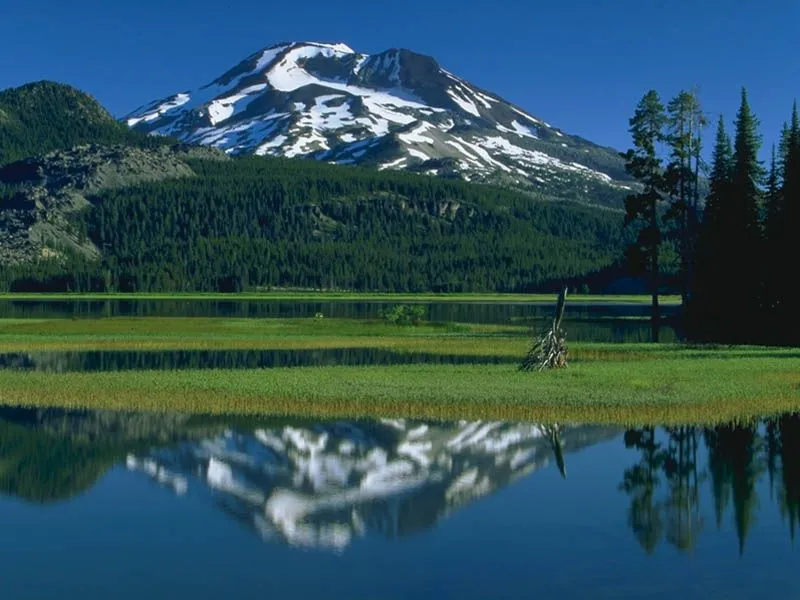 A snow-capped mountain range is reflected in the calm waters of a lake, surrounded by evergreen trees.