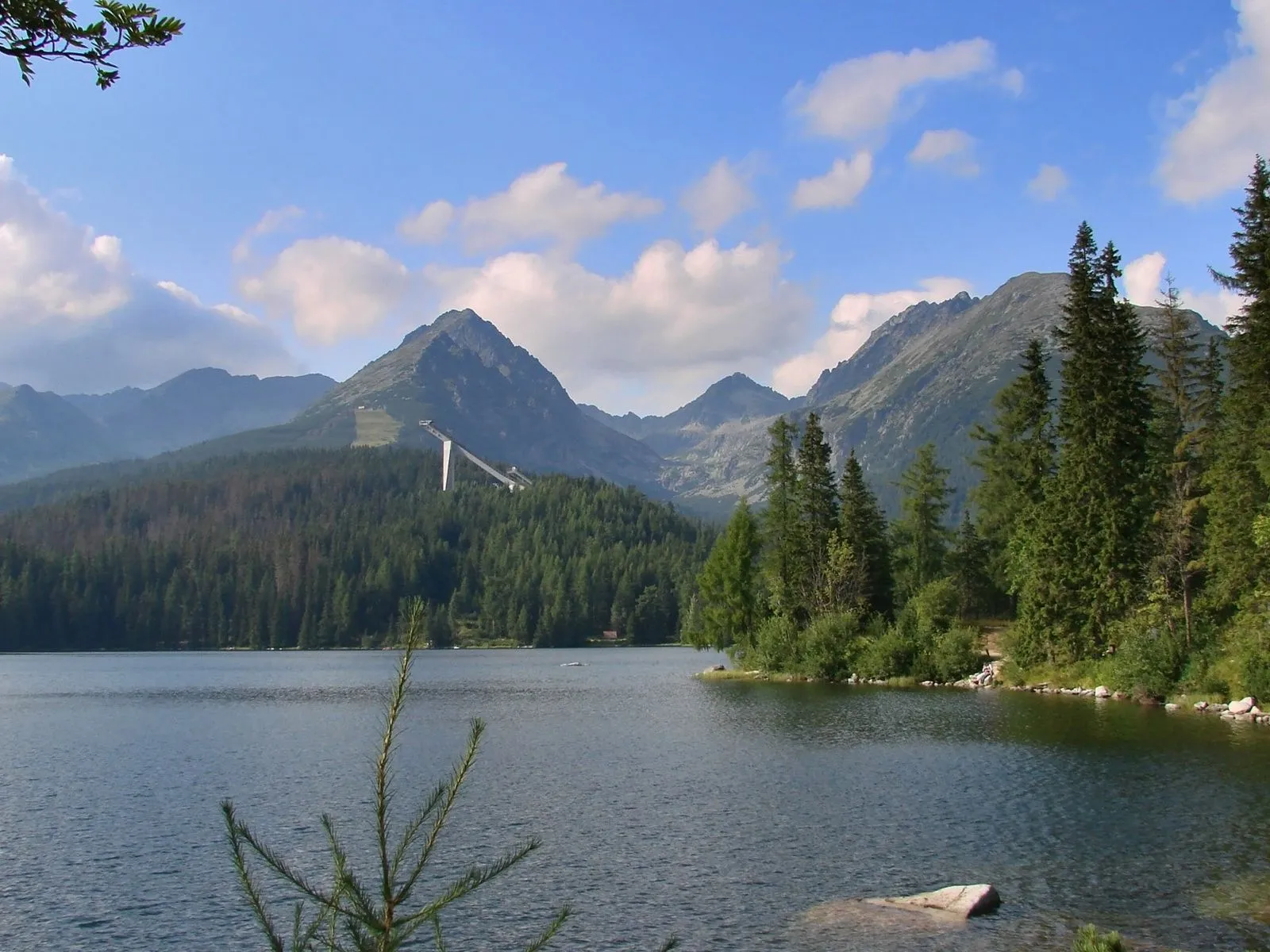 A calm lake reflects mountains and a ski jump under a partly cloudy sky.