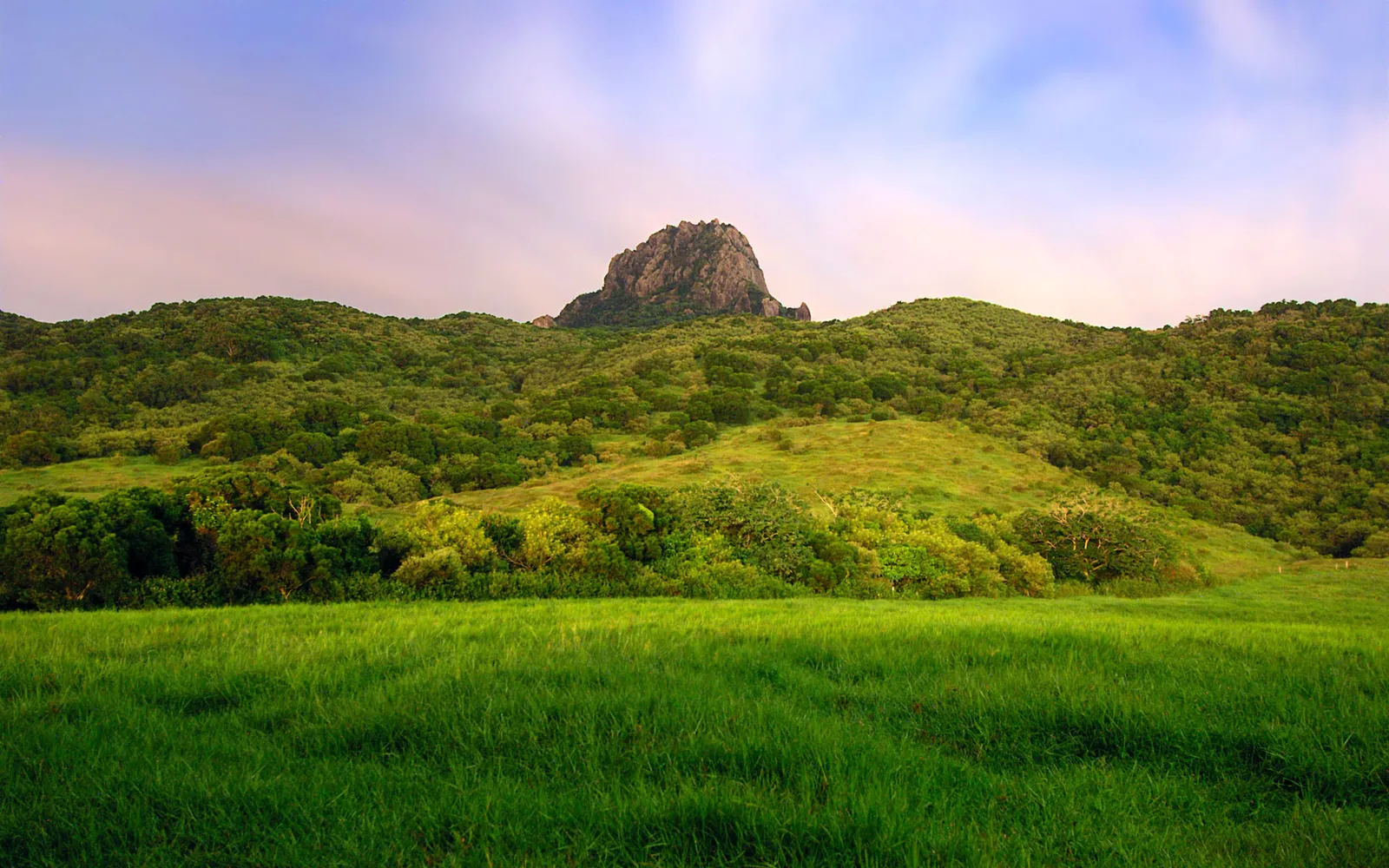 A rugged mountain peak rises above lush green hills and a foreground of vibrant grass under a soft twilight sky.