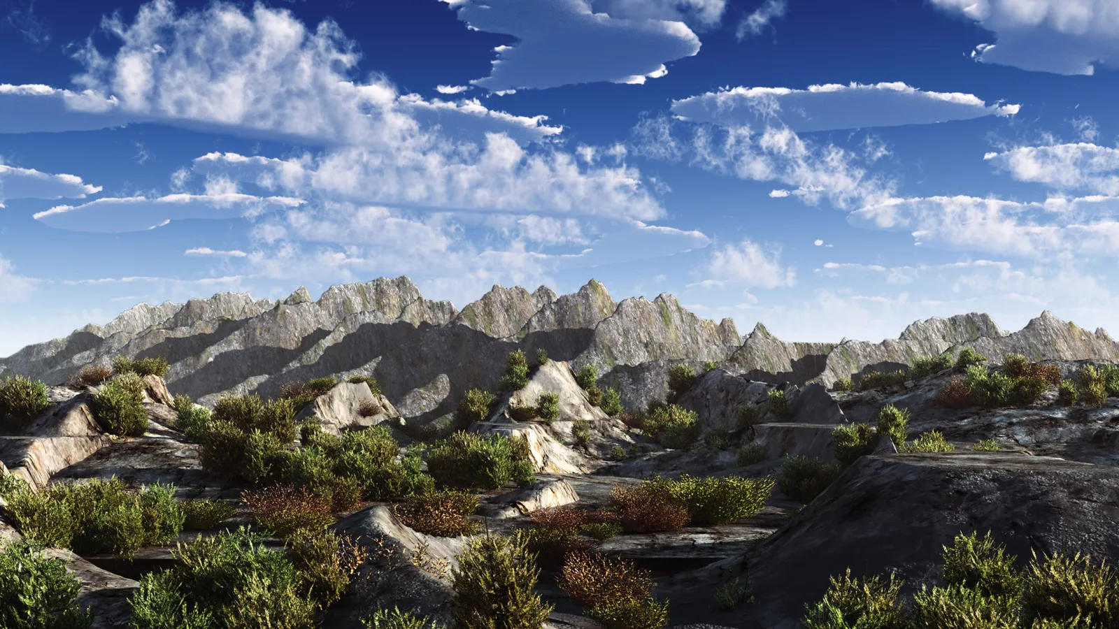 A vast mountain range with rocky peaks and sparse vegetation under a bright blue sky with scattered white clouds.