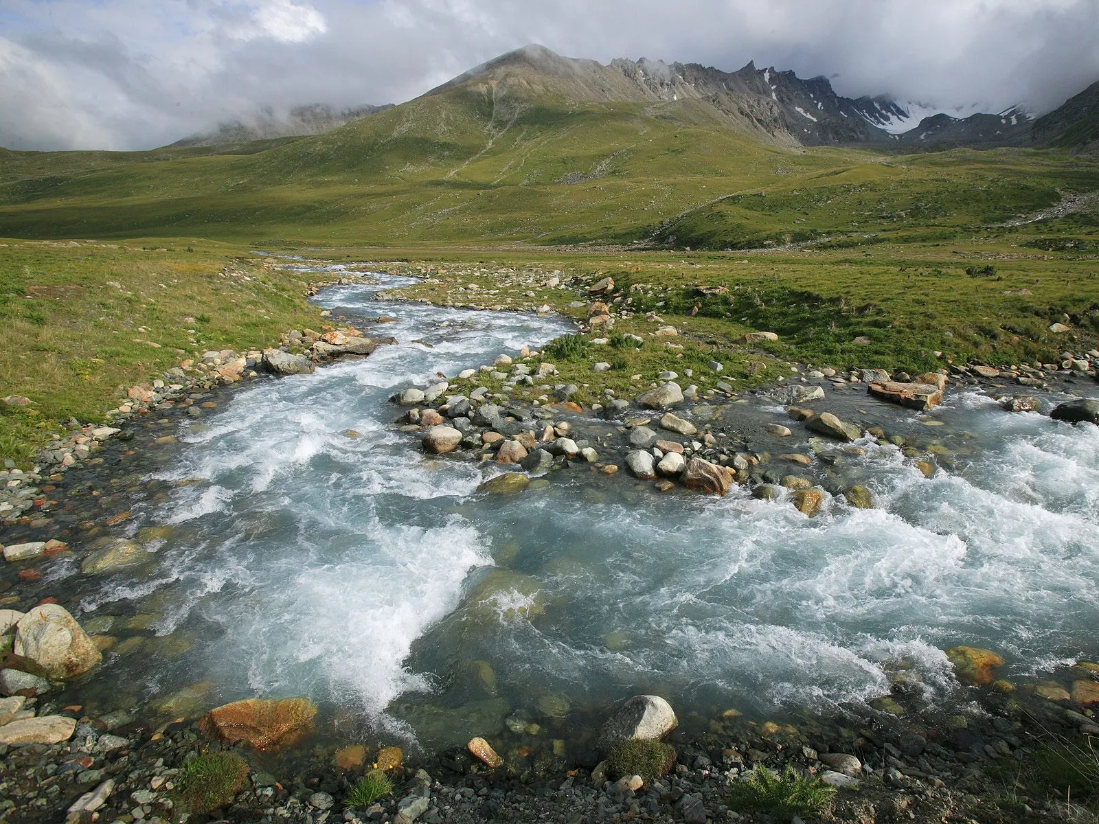 A wide, fast-flowing river with white rapids winds through a green valley towards rugged mountains under a cloudy sky.