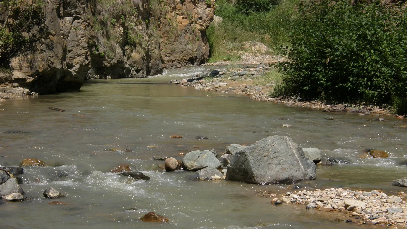 A wide, shallow river flows over rocks and pebbles in a rocky gorge with green foliage on the banks.