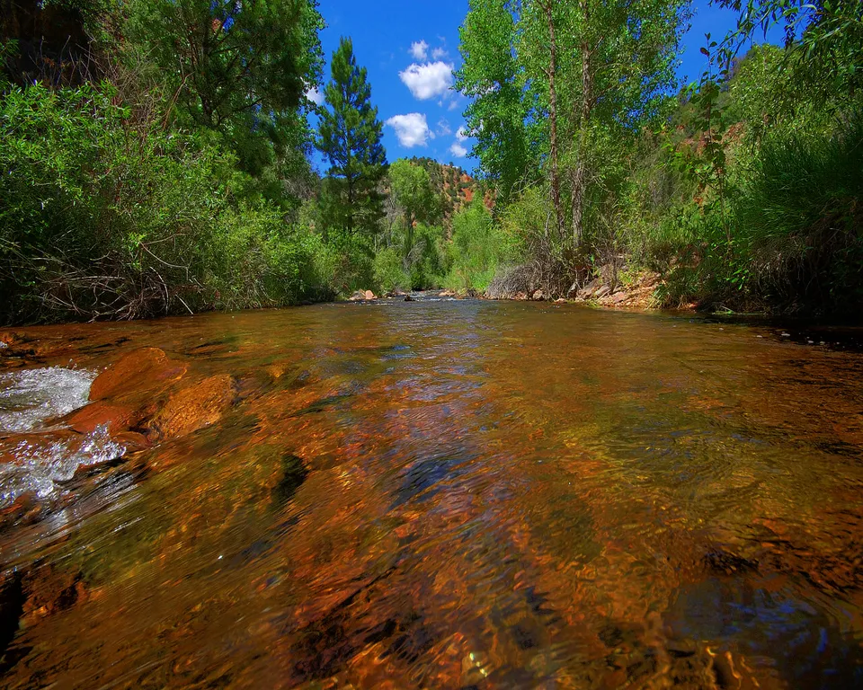 A clear mountain stream flows over reddish-brown rocks, with lush green trees and a blue sky with white clouds in the background.