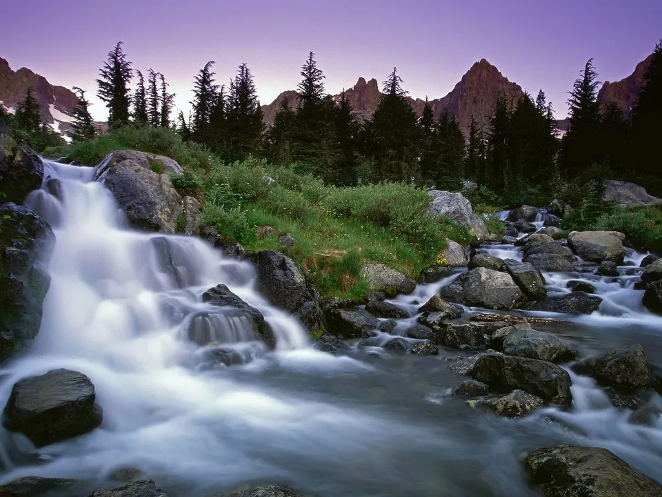 A long exposure shot of a mountain stream cascading over rocks with pine trees and mountains in the background.