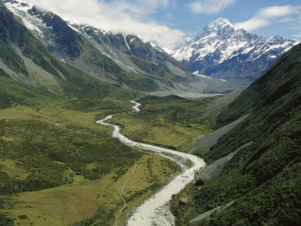 A wide glacial valley with a winding river, leading to snow-capped mountains under a partly cloudy sky.
