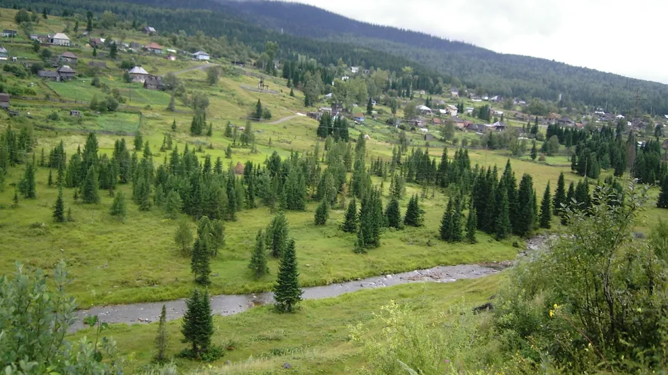 A village with scattered houses sits on a green hillside, surrounded by numerous evergreen trees and a winding stream.