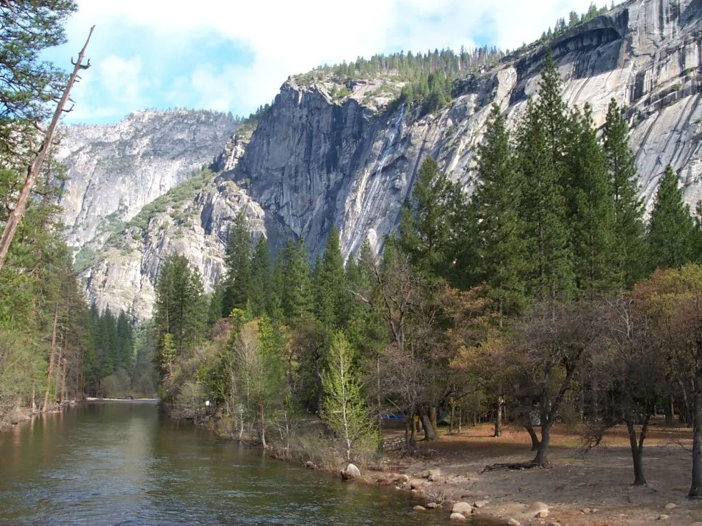 A wide river flows through a valley with tall evergreen trees and a massive granite cliff face in the background.