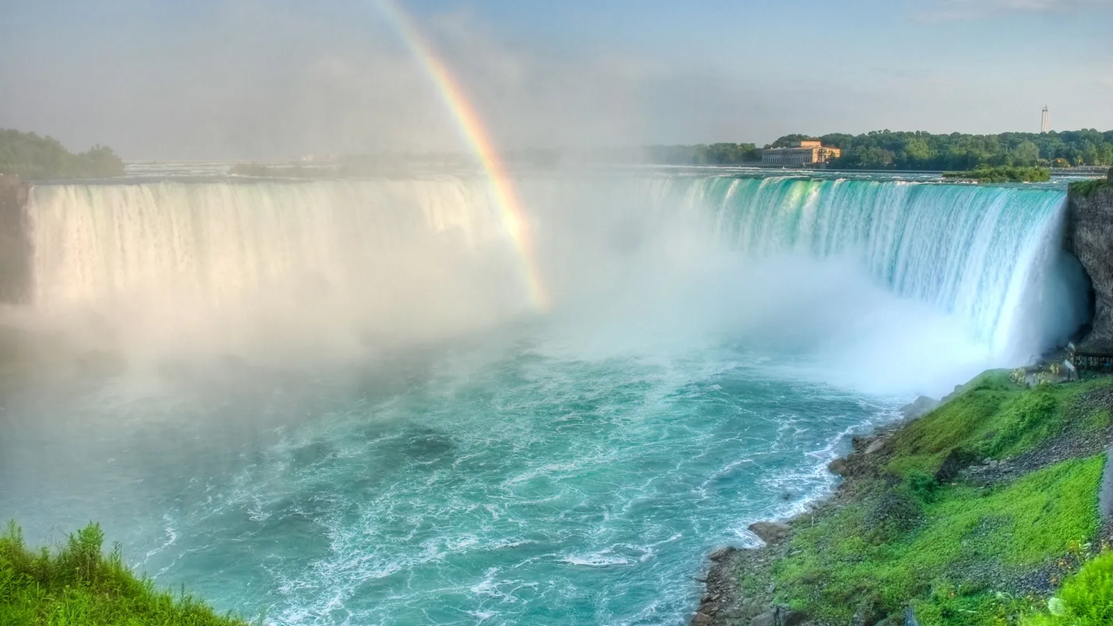 A wide view of Niagara Falls with a rainbow visible in the mist.