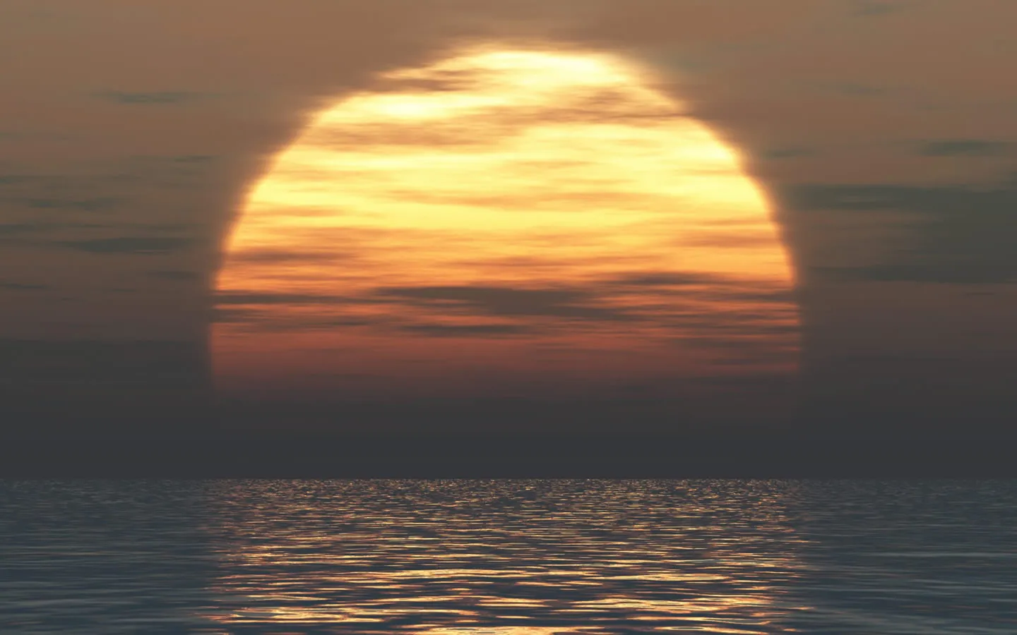 A large, bright sun is setting over a calm ocean, casting golden and orange light through the clouds.