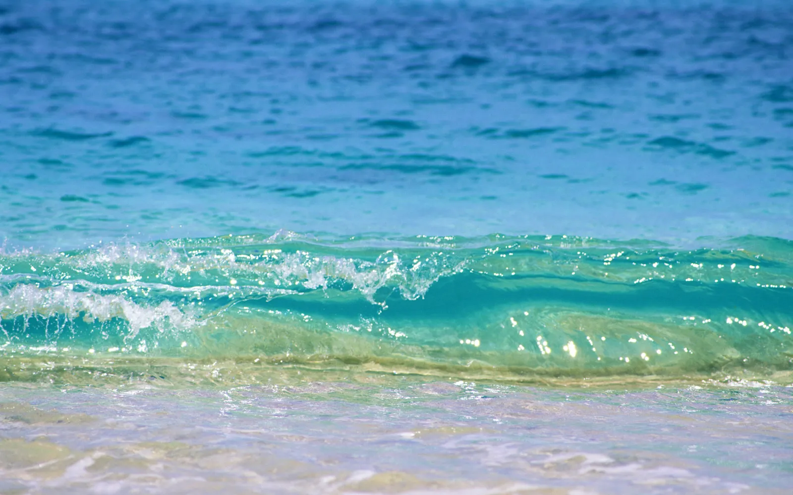 A close-up of a clear turquoise ocean wave breaking gently on a sandy beach.