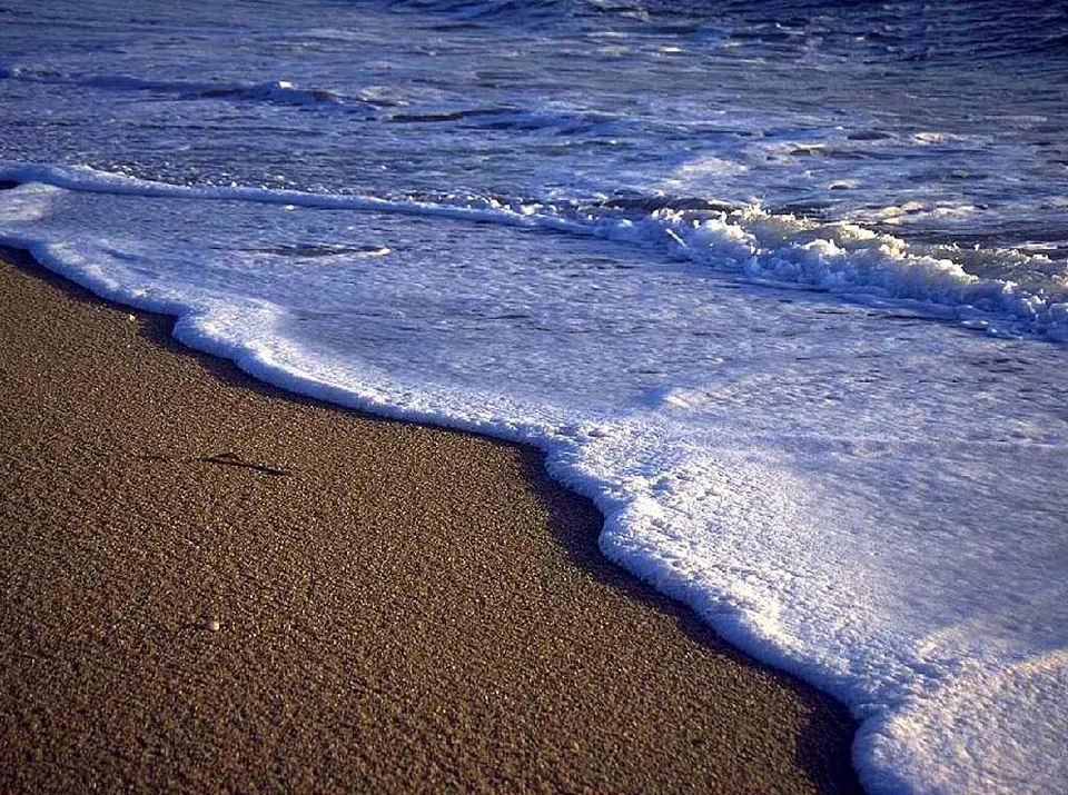 A foamy ocean wave gently laps onto a sandy beach, with the water receding.