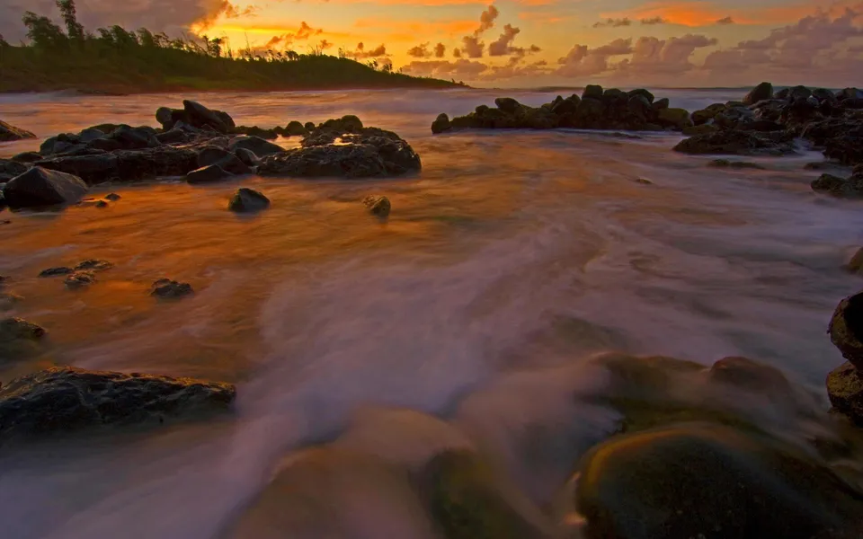 Smooth water flows around dark, wet rocks on a coast during a golden hour sunset.