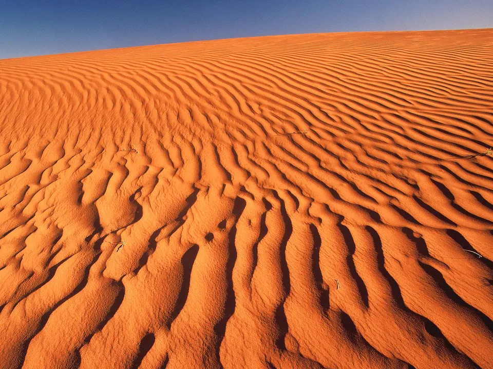 Bright sunlight casts shadows on orange sand dunes, highlighting their texture.