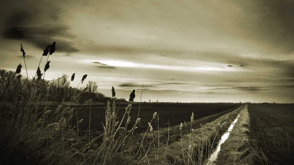A sepia-toned image of a vast, dark agricultural field with a narrow, water-filled ditch running alongside it under a cloudy sky.