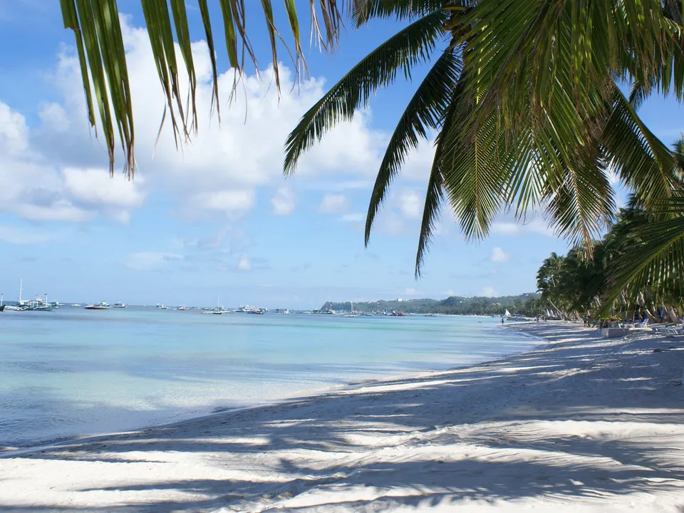 Palm fronds cast dappled shadows on a white sand beach with turquoise water.