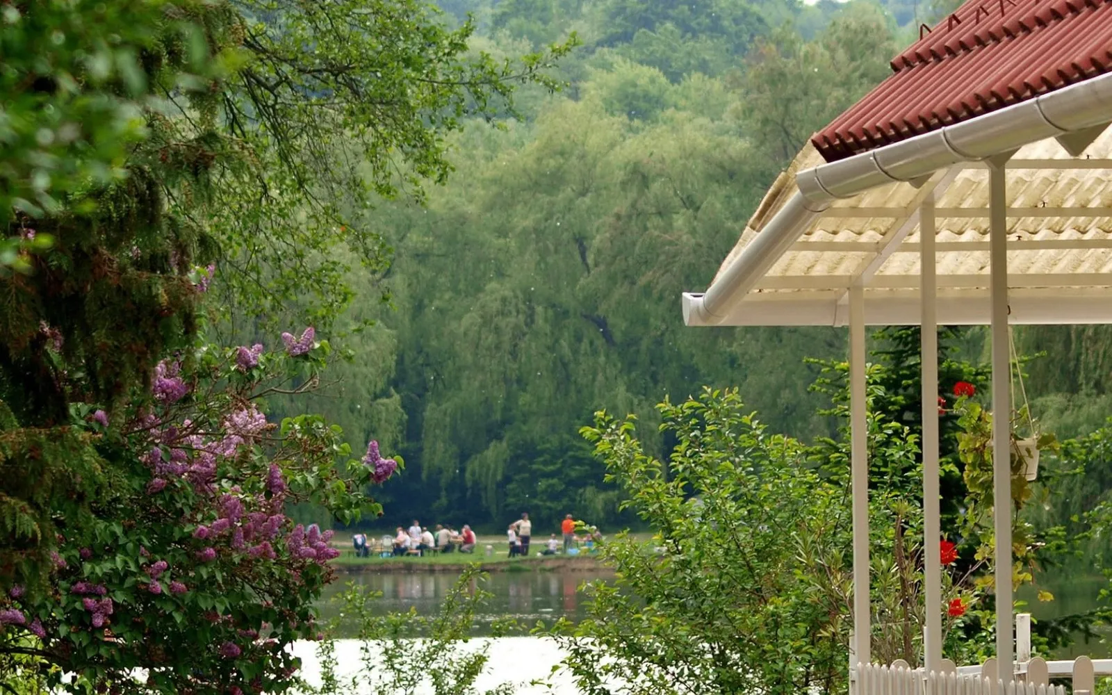 A group of people are gathered by a calm lake, with lush green trees in the background and a covered patio in the foreground.