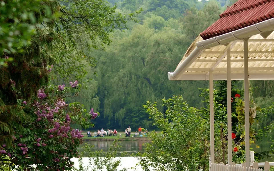 A group of people are gathered by a calm lake, with lush green trees in the background and a covered patio in the foreground.