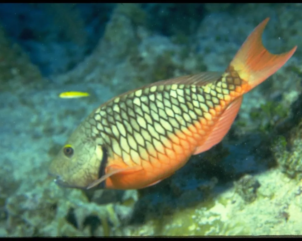 A parrotfish with orange fins and patterned scales swims underwater near a coral reef.