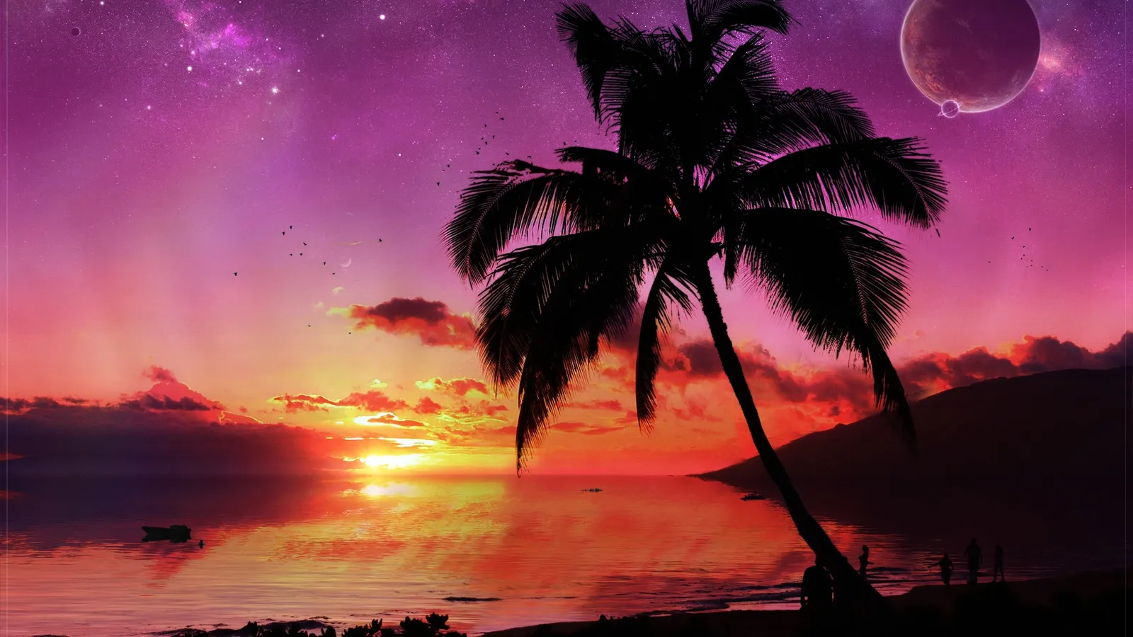 A lone palm tree is silhouetted against a vibrant pink, purple, and orange sky reflecting on the ocean.