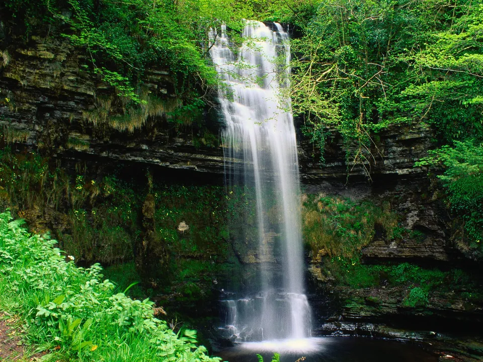 A waterfall plunges down a moss-covered cliff in a lush forest with soft, diffused light.