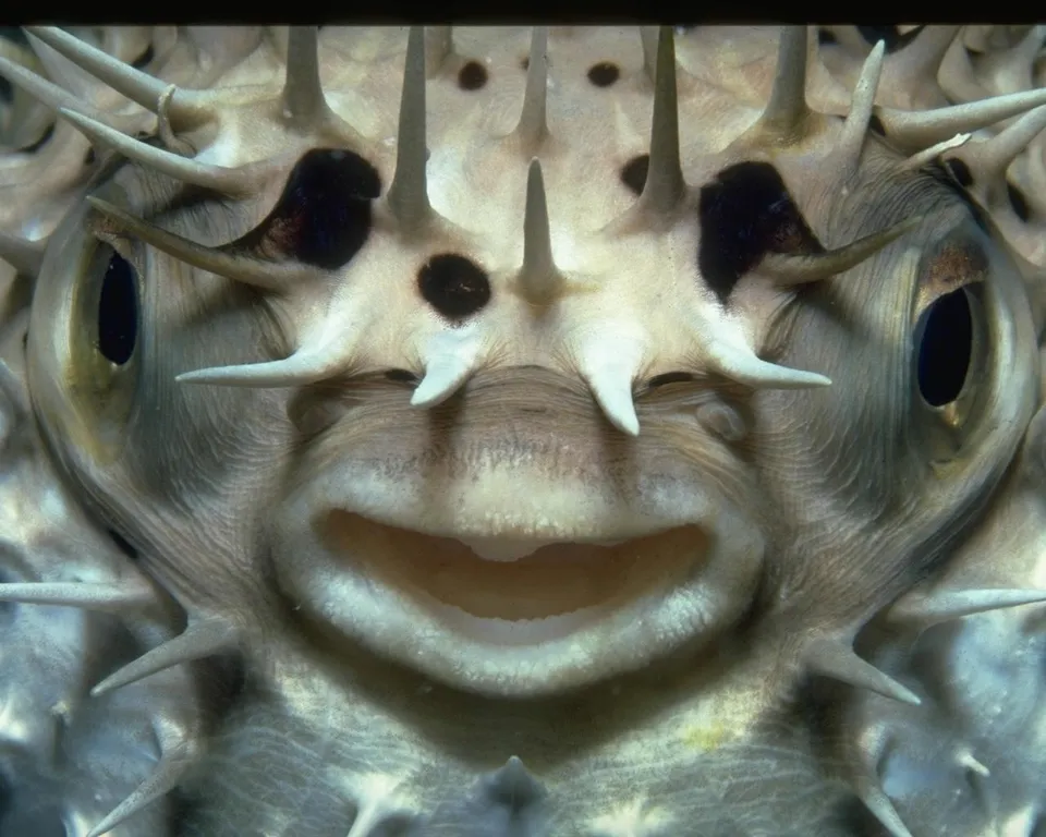 A close-up, front-facing view of a pufferfish with its mouth open and spines visible.