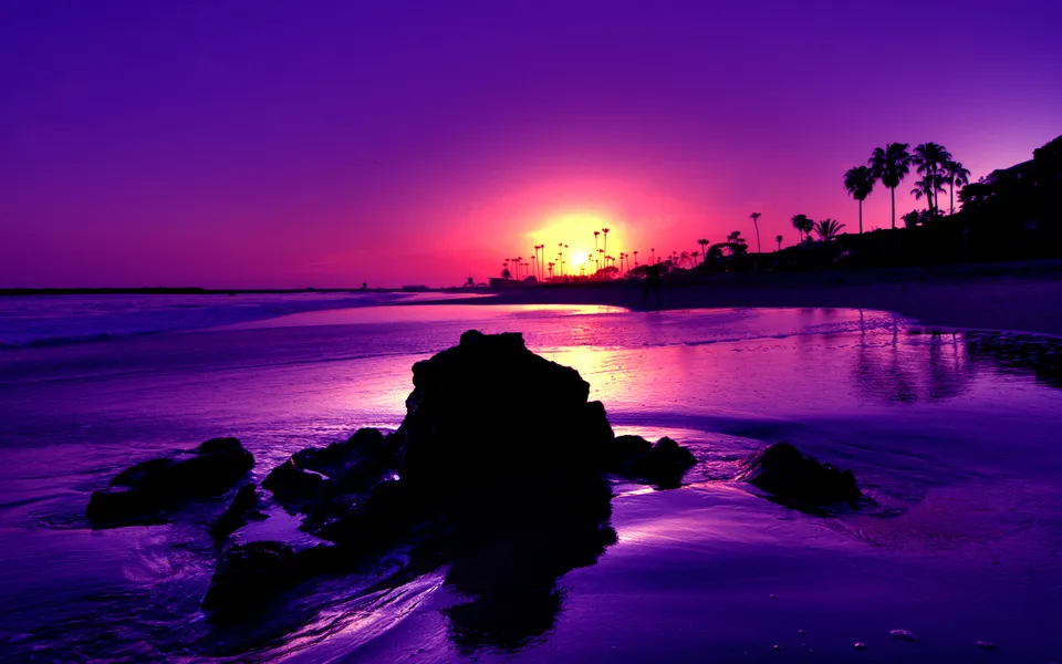 A vibrant purple sunset over a tropical beach with palm trees silhouetted against the sky.