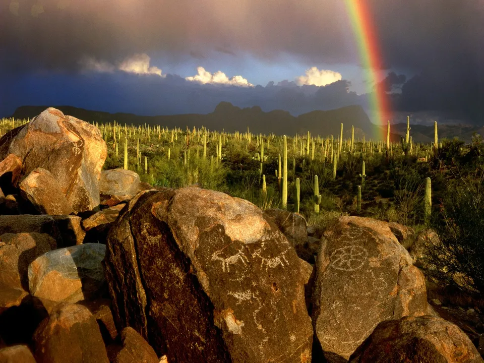 A vibrant rainbow arcs across a stormy sky over a desert landscape filled with saguaro cacti and boulders.