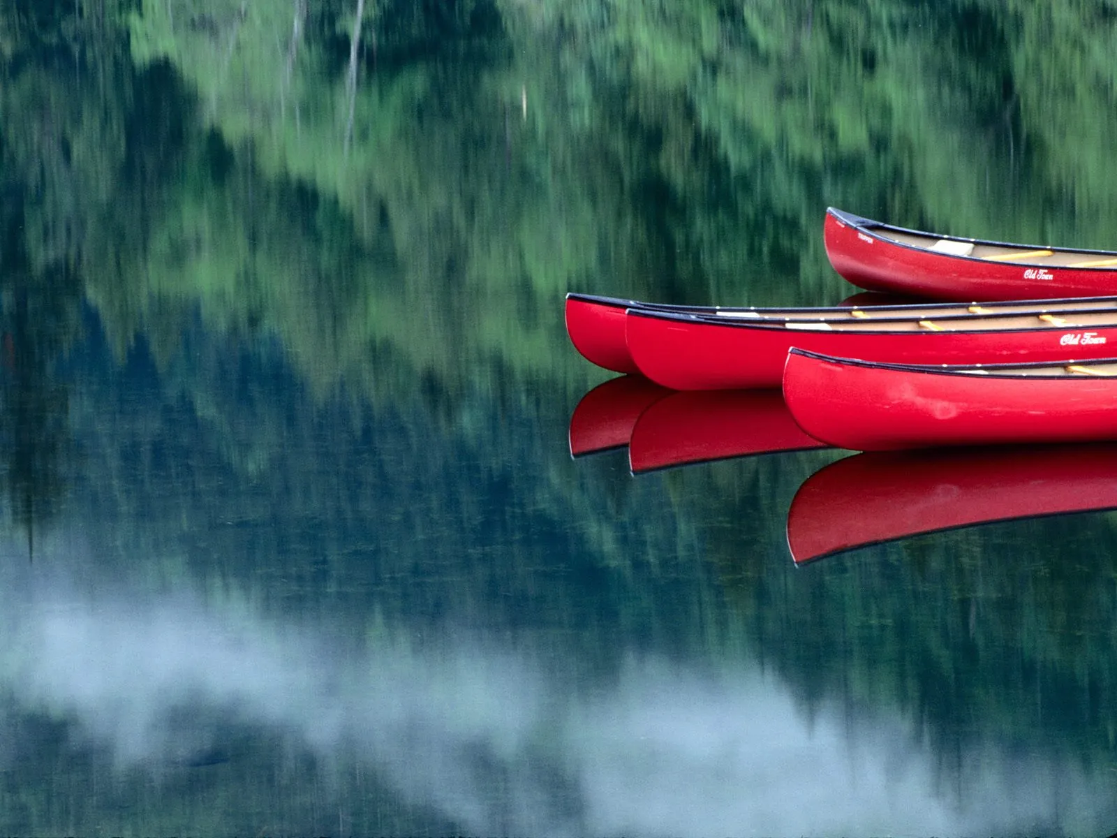 Three red canoes are lined up on a still lake, reflecting the green forest behind them.