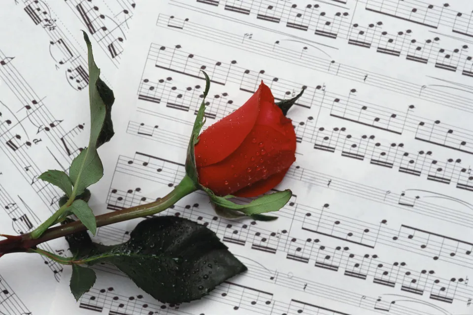 A single red rose with water droplets lies on a page of sheet music.